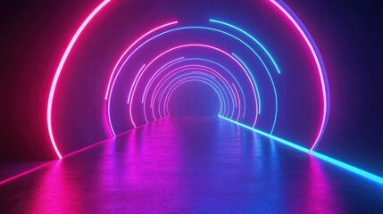 rounded pink blue neon lines, glowing in the dark. Abstract minimalist geometric background. Ultraviolet spectrum. Cyber space. Futuristic wallpaper