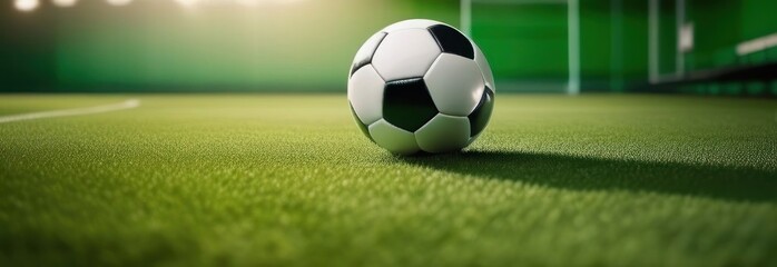 A soccer ball placed on a green, detailed turf field under soft lighting, with the goalposts faintly visible in the background, creating a serene sports scene
