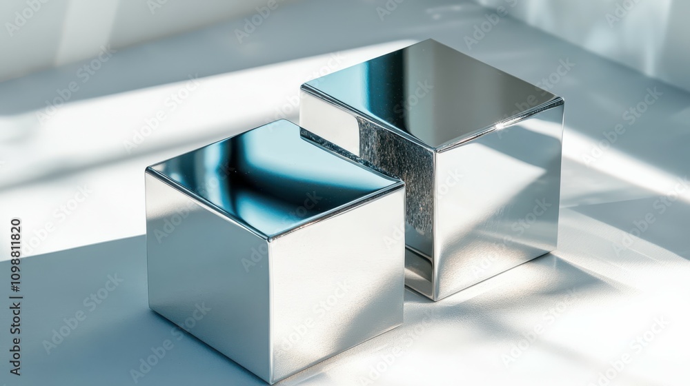 Poster silver mirrored blocks with contrasting shadows and caustics. simple square shapes over white backgr