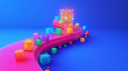 Obraz premium Luminous Spiral of Translucent Cubes with Holographic Graphs in 3D Render