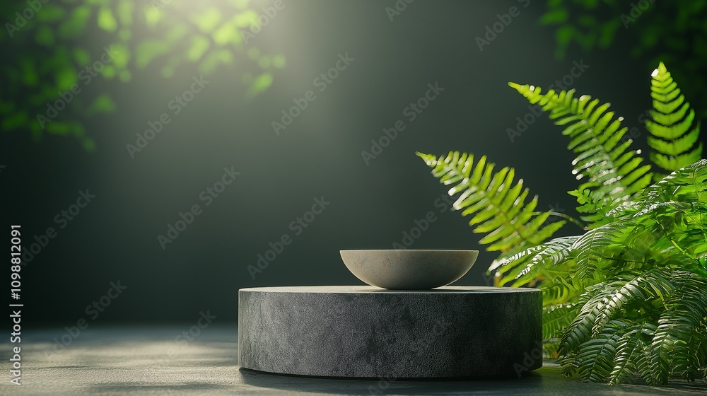 Poster elegant round stone podium with a simple bowl placed on it surrounded by lush green ferns and soft n