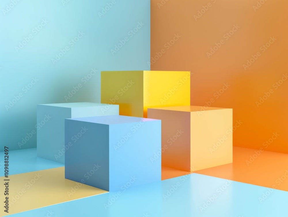 Poster colorful cubes are stacked in a corner on a flat surface. concept is minimalistic design. for backgr