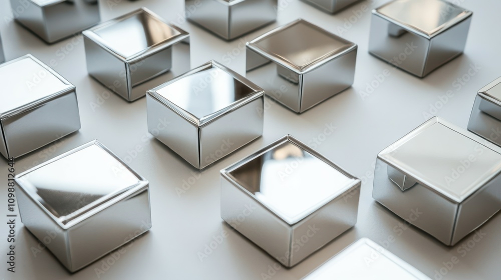 Poster silver mirrored blocks with contrasting shadows and caustics. simple square shapes over white backgr