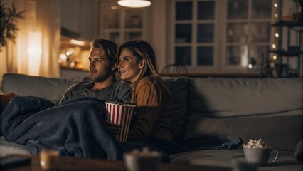 Obraz premium Couple watching movie together on a cozy couch with popcorn and soft lighting