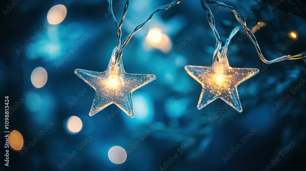 Aufkleber string star lights in blue defocused abstract background with glittering and bokeh