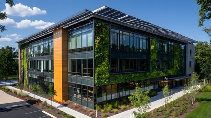 Obraz premium Modern green building with solar panels and living wall.