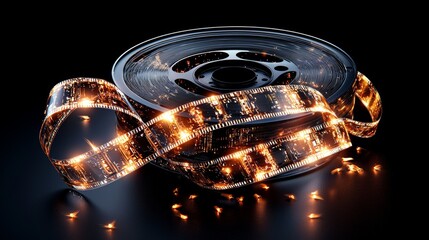 Movie reel with flowing film strip, cinematic theme