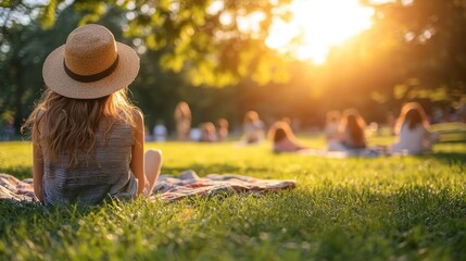 Open grass field in a serene park, children playing, families on blankets, gentle sunlight