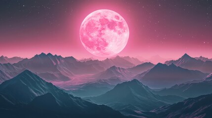 Surreal Pink Moon Over Dreamy Mountain Landscape