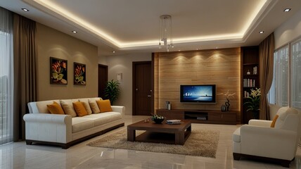 Fototapeta premium Modern living room interior design with wooden wall, sofa, and coffee table.