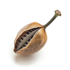 Unique seeds pod with split showcasing black seeds, white isolated background.