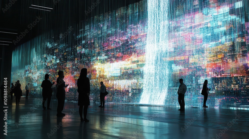 Poster the movement and flow of financial transactions are displayed as a digital waterfall in front of a w