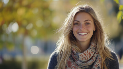 Obraz premium Uśmiechnięta kobieta z rozwianymi włosami i stylowym szalikiem uzupełniającym jej swobodny wygląd, promienieje pozytywną energią, stojąc w otoczeniu przyrody.