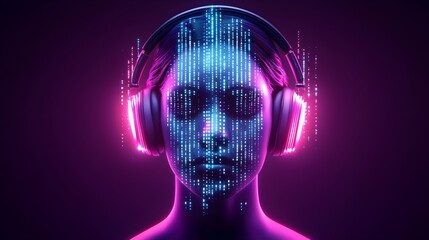 Obraz premium Woman with neon headphones, digital listening experience, futuristic vibe