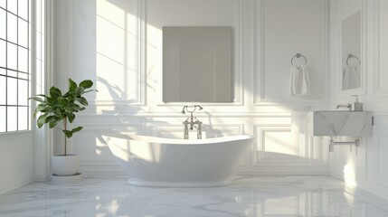 Fototapeta premium The marble bathroom is decorated with a bathtub, mirror, and sink, reflecting a modern clean bright decor concept.