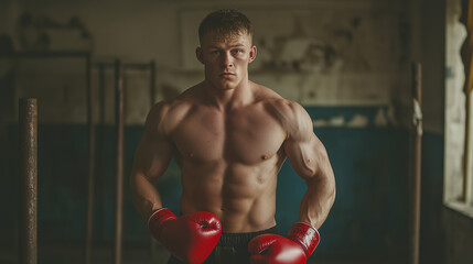 Fototapeta premium Młody bokser z wyrazistą muskulaturą, ubrany w czerwone rękawice, stojący w siłowni.