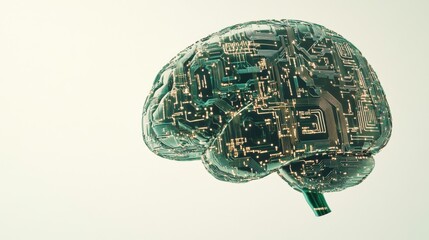 Fototapeta premium A brain depicted with circuit board patterns against a plain background, Minimalist style, photo of