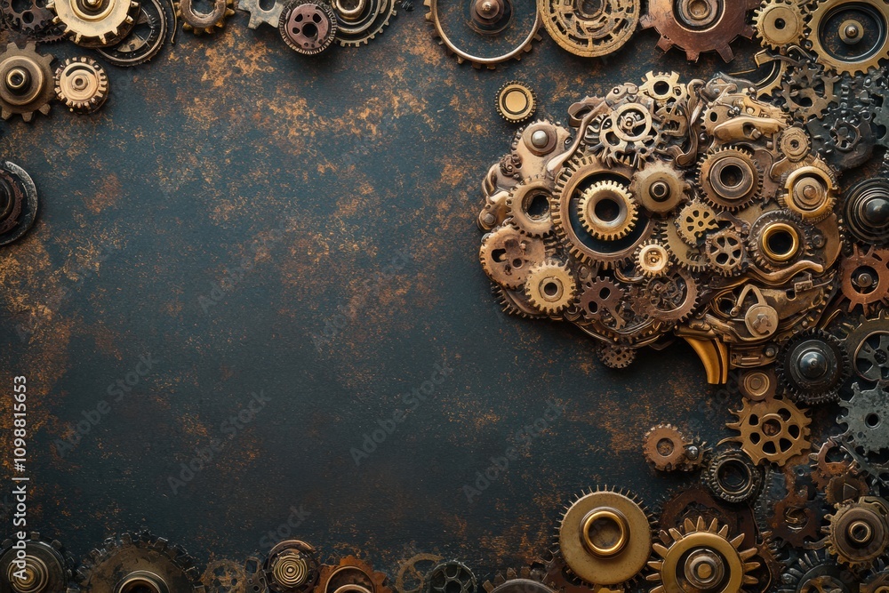 Aufkleber A stylized brain made of gears and cogs is displayed on a textured dark backdrop, symbolizing the fusion of mechanics and intellect. Generative AI