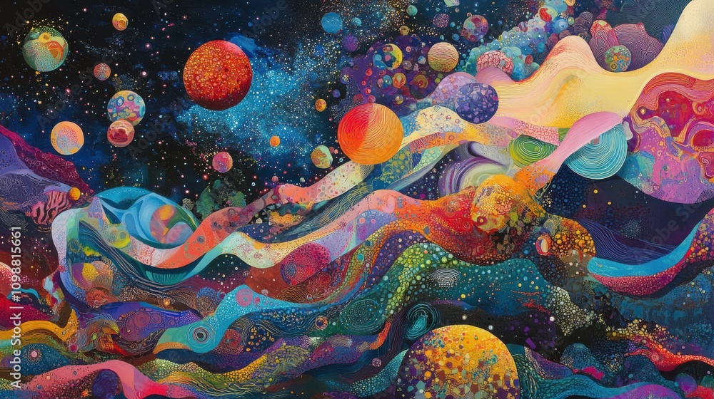 Poster the work illustrates dynamic and artistic fluidity in a vibrant abstract landscape with colorful wav