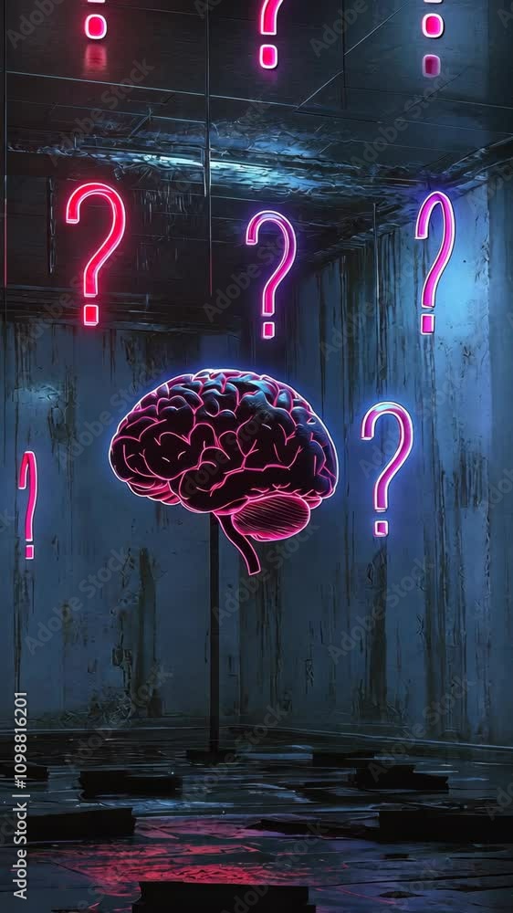 Aufkleber Neon brain suspended in a dark room surrounded by glowing question marks questioning the nature of thought and understanding