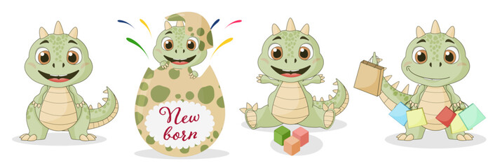 Fototapeta premium cute dinosaurs smiling, playing, newborn in shell, with packages from the store