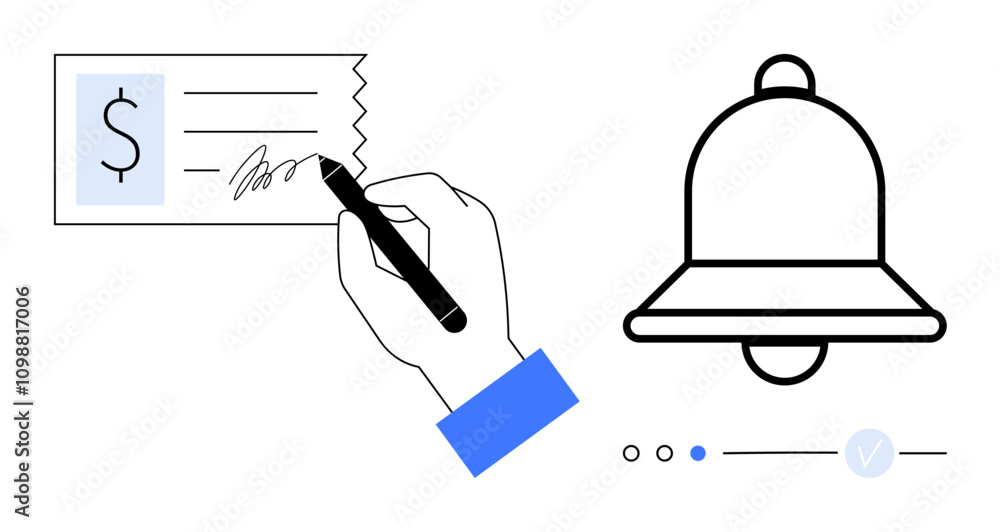 Aufkleber hand signing a document with dollar sign, next to notification bell and progress bar with checkmark.
