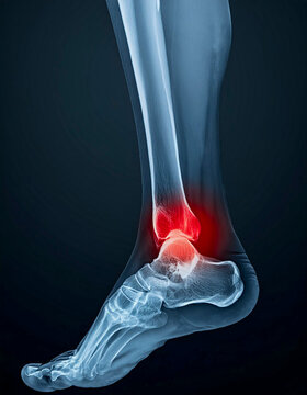 X-ray of a foot with a red spot of pain in the ankle.