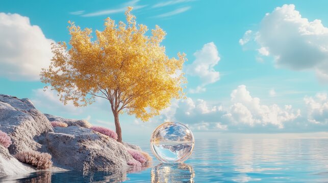 ush background of sky and sea with a golden tree, reflection glass ball, and corals in a surreal landscape pastel island.
