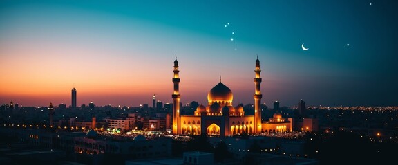 Obraz premium Beautiful mosque silhouette at dusk with crescent moon and city lights