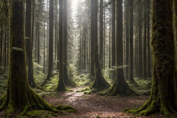 Obraz premium A dense forest filled with towering trees, their thick trunks covered in moss.