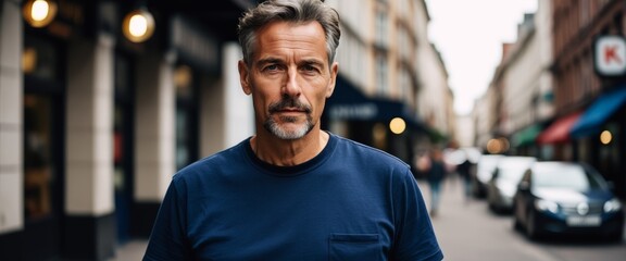 Fototapeta premium Mature man in casual t-shirt walking through urban street in daylight