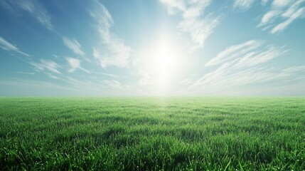 Obraz premium verdant serenity lush green lawn stretching to horizon, morning dew glistening, soft sunlight, wispy clouds in blue sky
