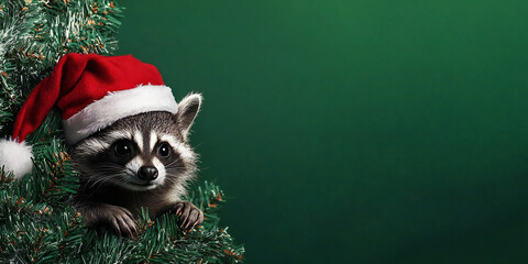Banner For racoon wearing santa hat for christmast, isolated solid color background with copy space