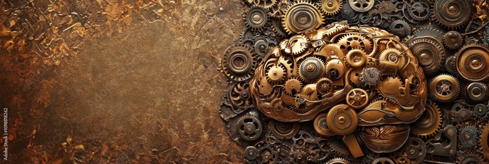 Poster brain crafted from intricate gears is set against a rustic brown backdrop, representing innovation a