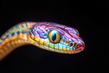Fototapeta premium Colorful, iridescent snake head with intricate scales and vibrant hues, showcasing unique patterns and textures against a dark background.