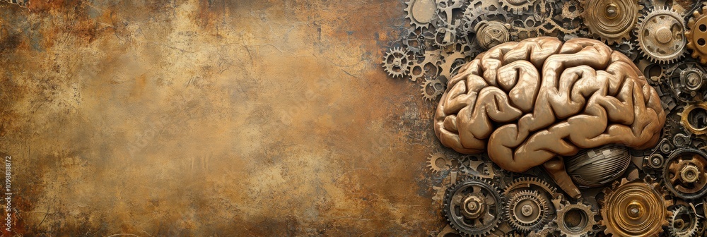 Poster a brain is positioned next to intricate gears against a textured background, symbolizing the connect