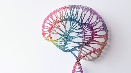 A brain designed with intricate, colorful neural pathways and intertwined DNA strands, set against a minimalist white background