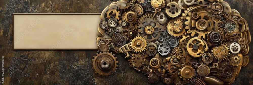 Fototapete a brain composed of interlocking gears and cogs symbolizes the blend of human intellect and mechanic