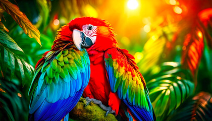 Obraz premium A vibrant, feathered parrot perches amidst the lush jungle foliage, its feathers shimmering