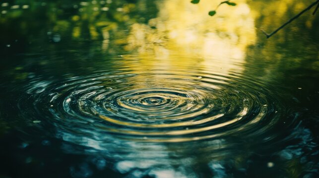 Water droplets creating ripples in a calm pond, symbolizing the subtle but powerful influence of water, calm power