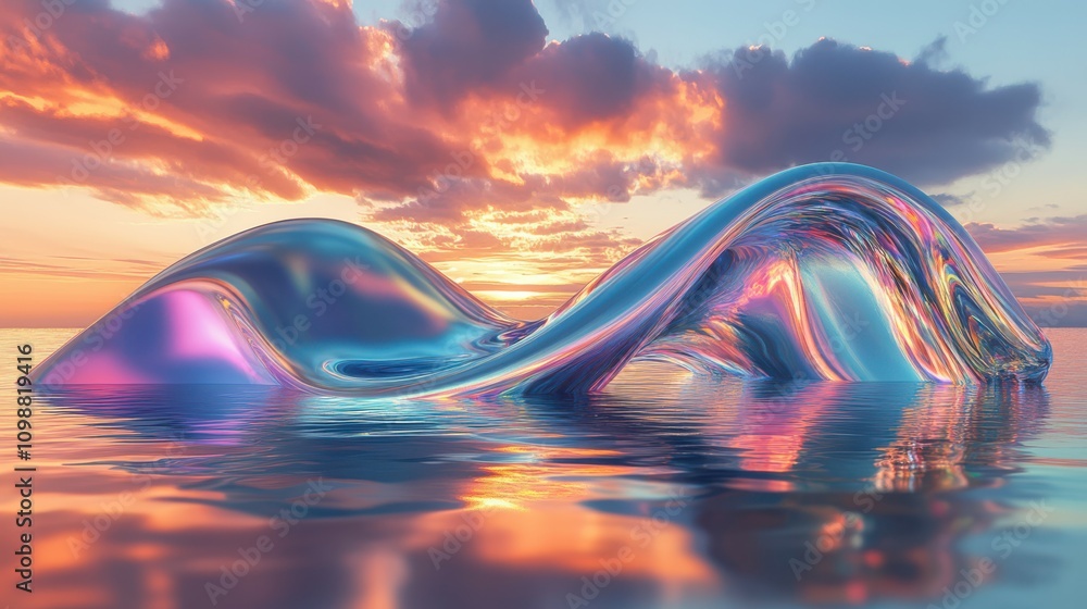 Poster wavy iridescent metallic shape above the water with reflection. modern unique