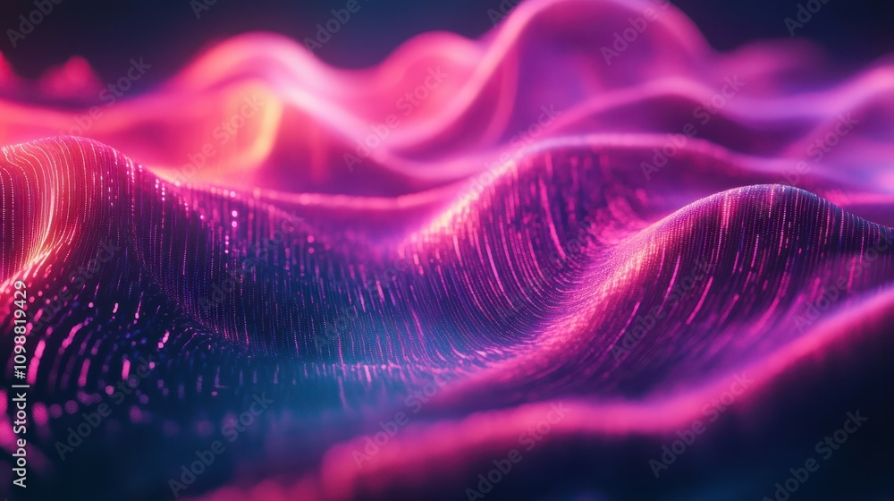 Poster waveforms of digital data in vibrant pink and purple hues, creating a futuristic and dynamic visual.