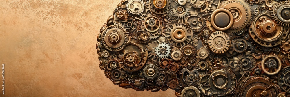 Poster a detailed brain structure crafted from various metallic gears and mechanisms rests against a warm, 