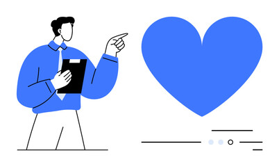 Man holding clipboard points to large blue heart. Ideal for healthcare, customer appreciation, social media, education, counseling, relationship-building, marketing campaigns. Line metaphor