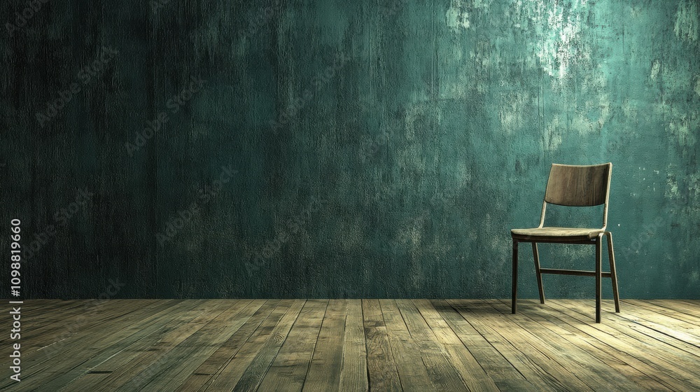 Poster the space features wooden flooring, showcasing a single chair positioned by a wall with a textured b