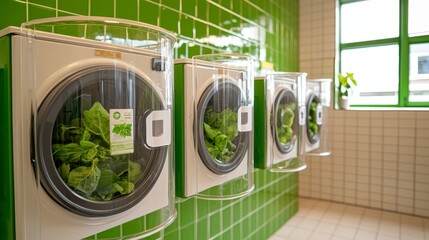 Hostel laundry room with natural accents, energy-efficient washing machines, clear dispensers for green detergents, posters on eco-friendly washing tips