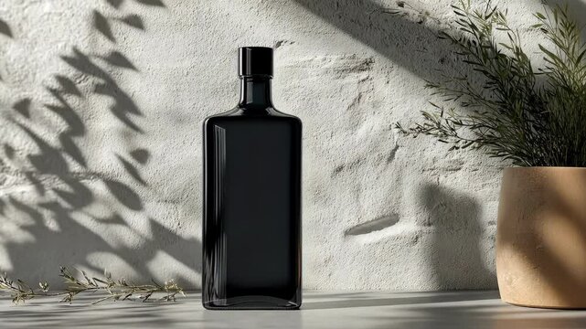 A dark rectangular bottle with a black cap sits on a table against a textured, light gray wall