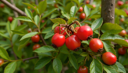 Obraz premium Red rose hips on lush green bush outdoors