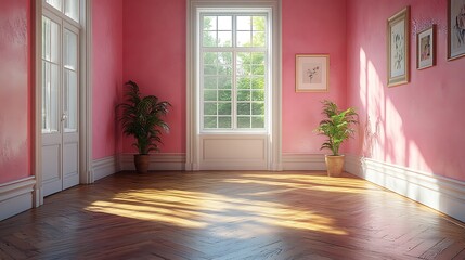 Fototapeta premium Pink Room Sunlight Wooden Floor Interior Design