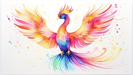 Fototapeta premium Vibrant phoenix with multicolored feathers and dynamic brushstrokes captures the essence of rebirth and fire